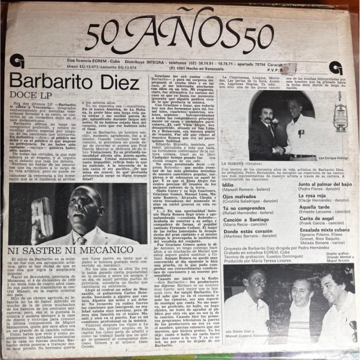 Barbarito Diez - 50 Años La Voz Del Danzon reverso