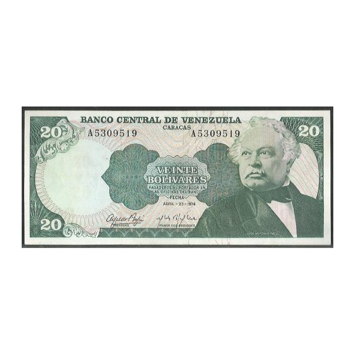 Venezuela 20 Bolivares 23 Abr 1974 A 7 Dig P53a