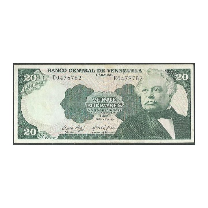 Venezuela 20 Bolivares 23 Abr 1974 E 7 Dig P53a