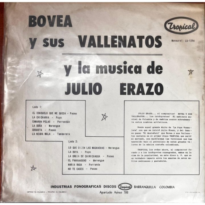 Bovea y Sus Vallenatos - La Musica De Julio Erazo reverso