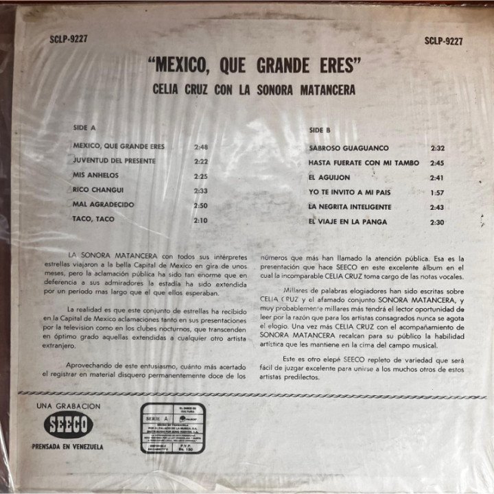 Celia Cruz acompañada de La Sonora Matanera - '' Mexico Que Grande Eres'' reverso