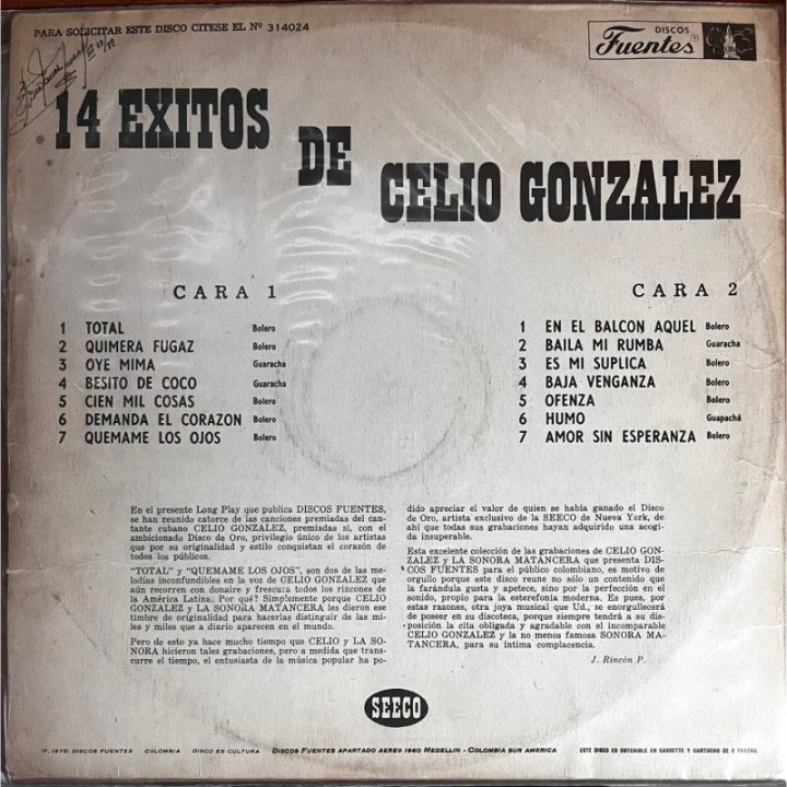 Celio Gonzales son acompañado por La Sonora Matancera - 14 Exitos reverso