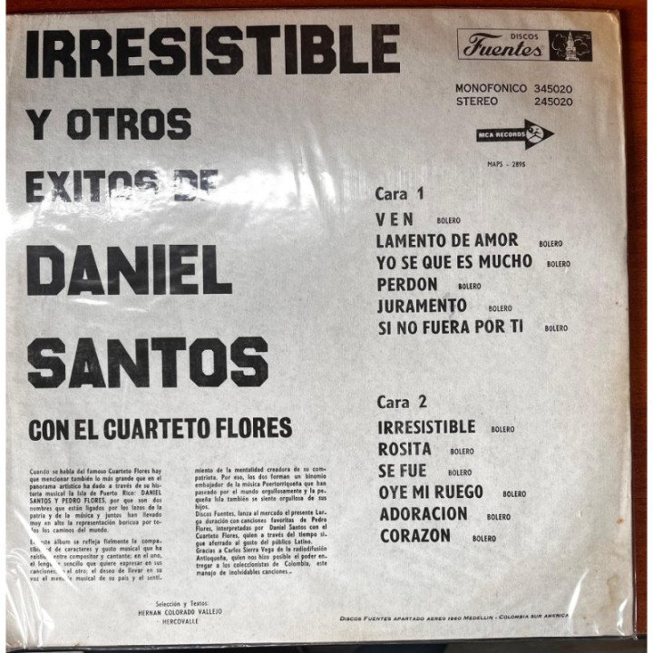 Daniel Santos con El Cuerteto Flores - Y Otros Exitos reverso