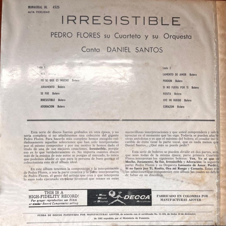 Pedro Flores Y su Orquesta - canta Daniel Santos reverso