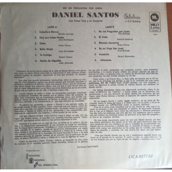 Daniel Santos - No me pregunten por Linda reverso