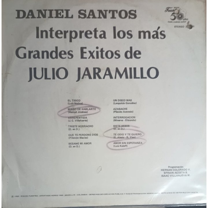 Daniel Santos - Interpreta los mas grandes exitos de Julio Jaramillo reverso