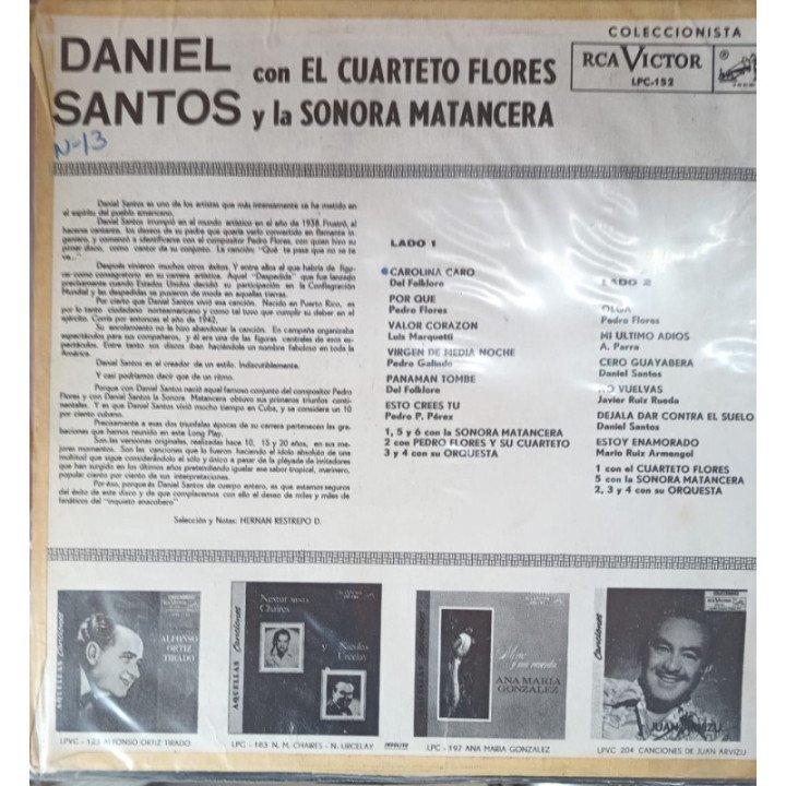 Daniel Santos - Con el quareto flores y la Sonora Matancera reverso