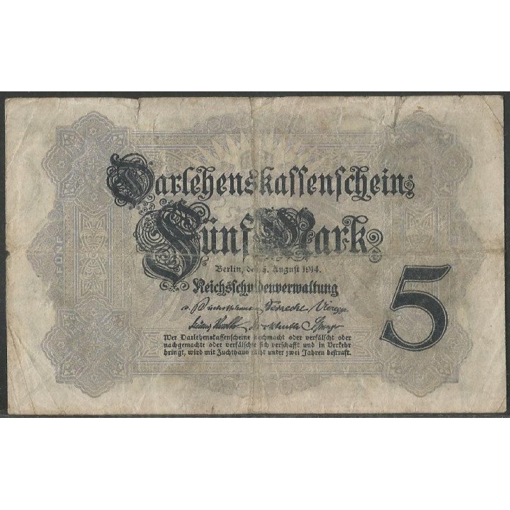 Alemania 5 Mark 5 Ago 1914 8 dig. P47b reverso
