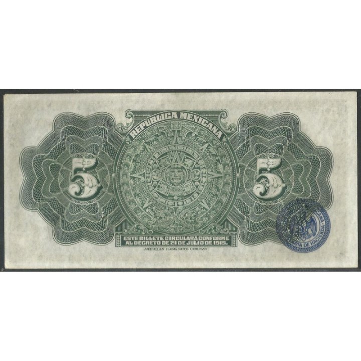 Mexico - Gobierno Constitucionalista 5 Pesos D1915 Serie C Ps685a reverso