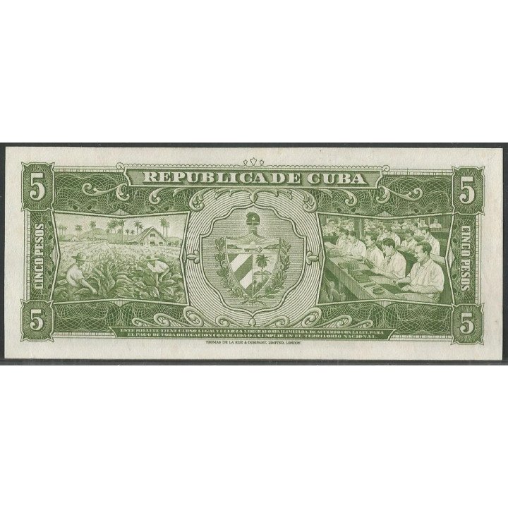 Cuba 5 Pesos 1960 P91c Firma "El Che" reverso