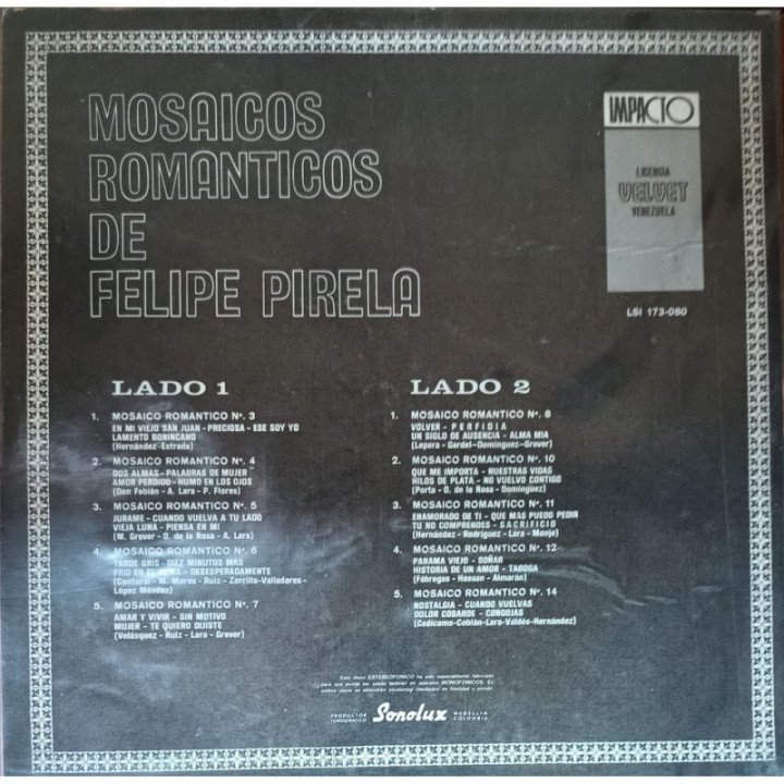 Felipe Pirela - Mosaicos Romanticos reverso