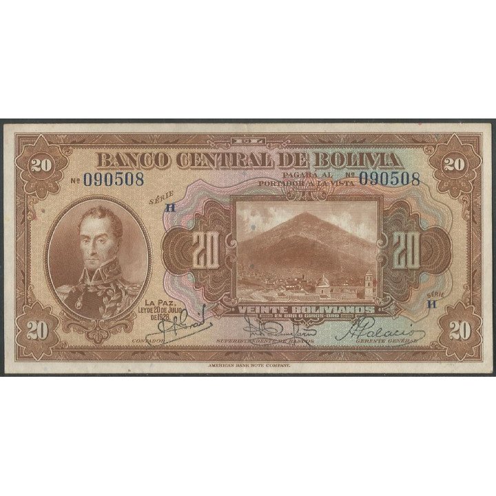 Bolivia 20 Bolivianos L 20 Jul 1928 Serie H P122a