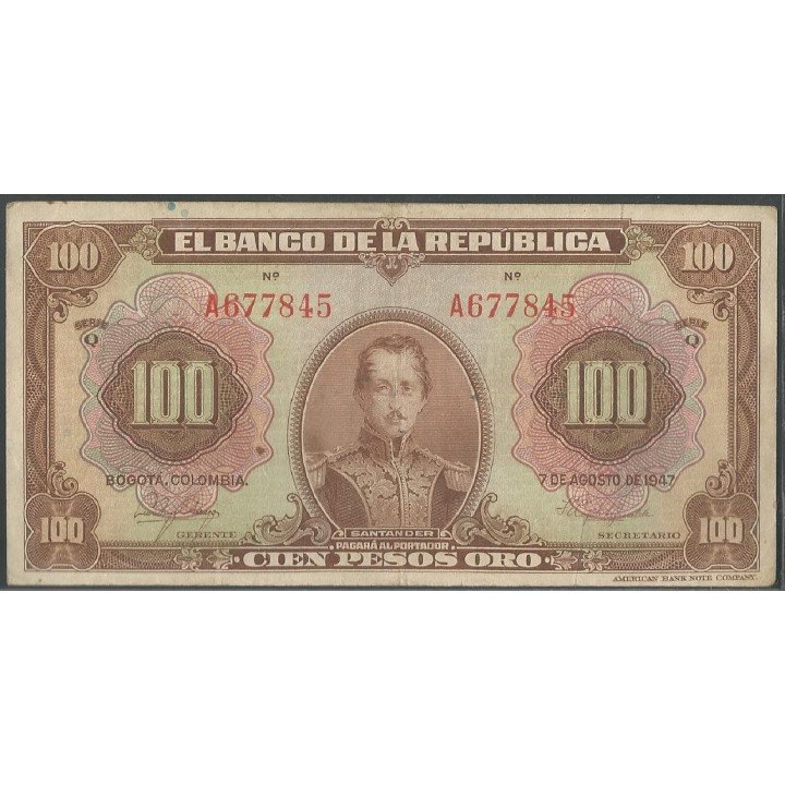 Billete de 100 Pesos 7 Ago 1947 6 Digitos BGW286