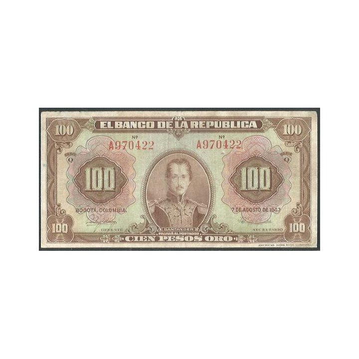 Billete de 100 Pesos 7 Ago 1947 6 Digitos BGW286 reverso